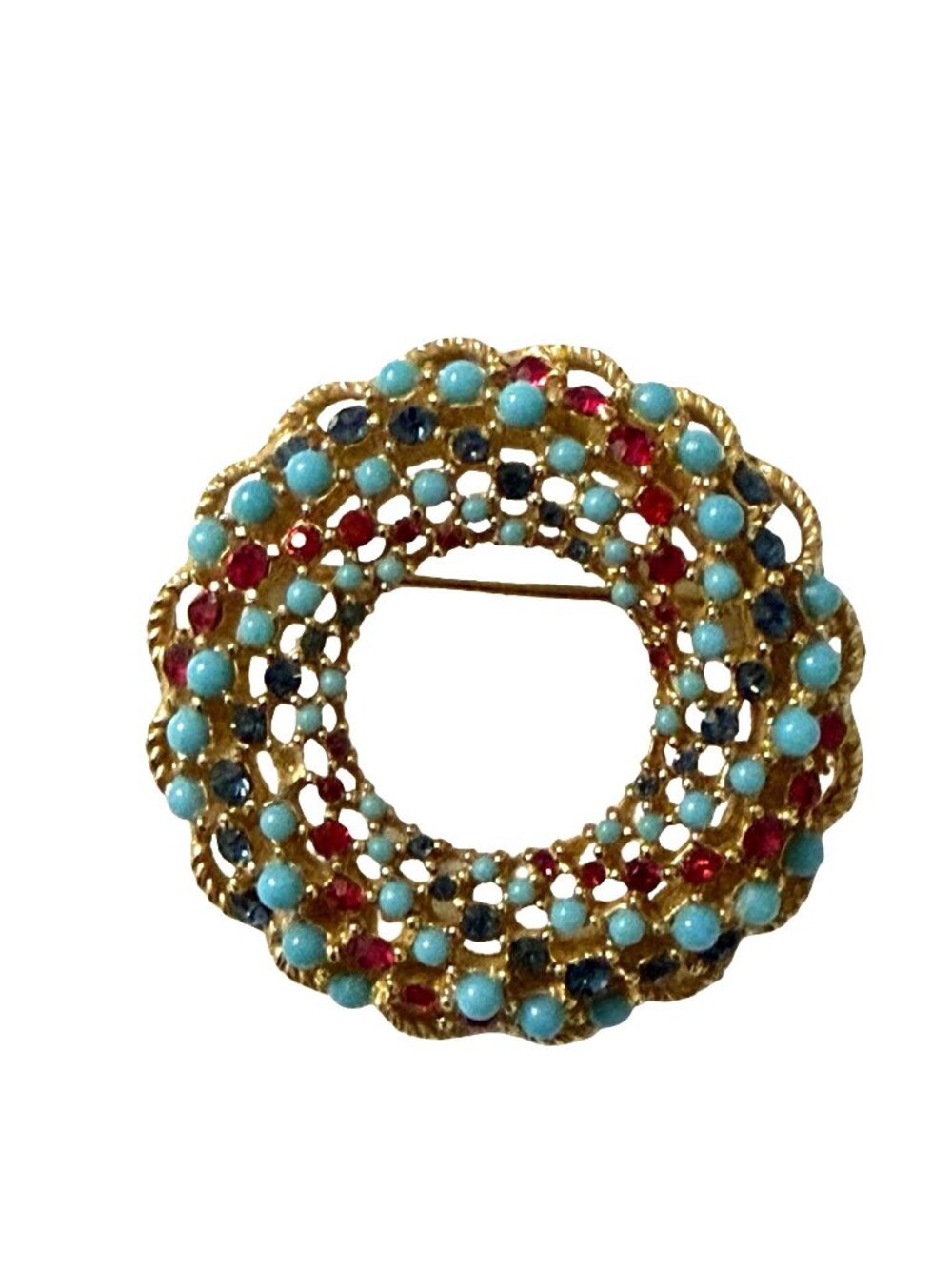 Vintage Rhinestone Wreath Brooch Gold Tone Openwork Circle Pin